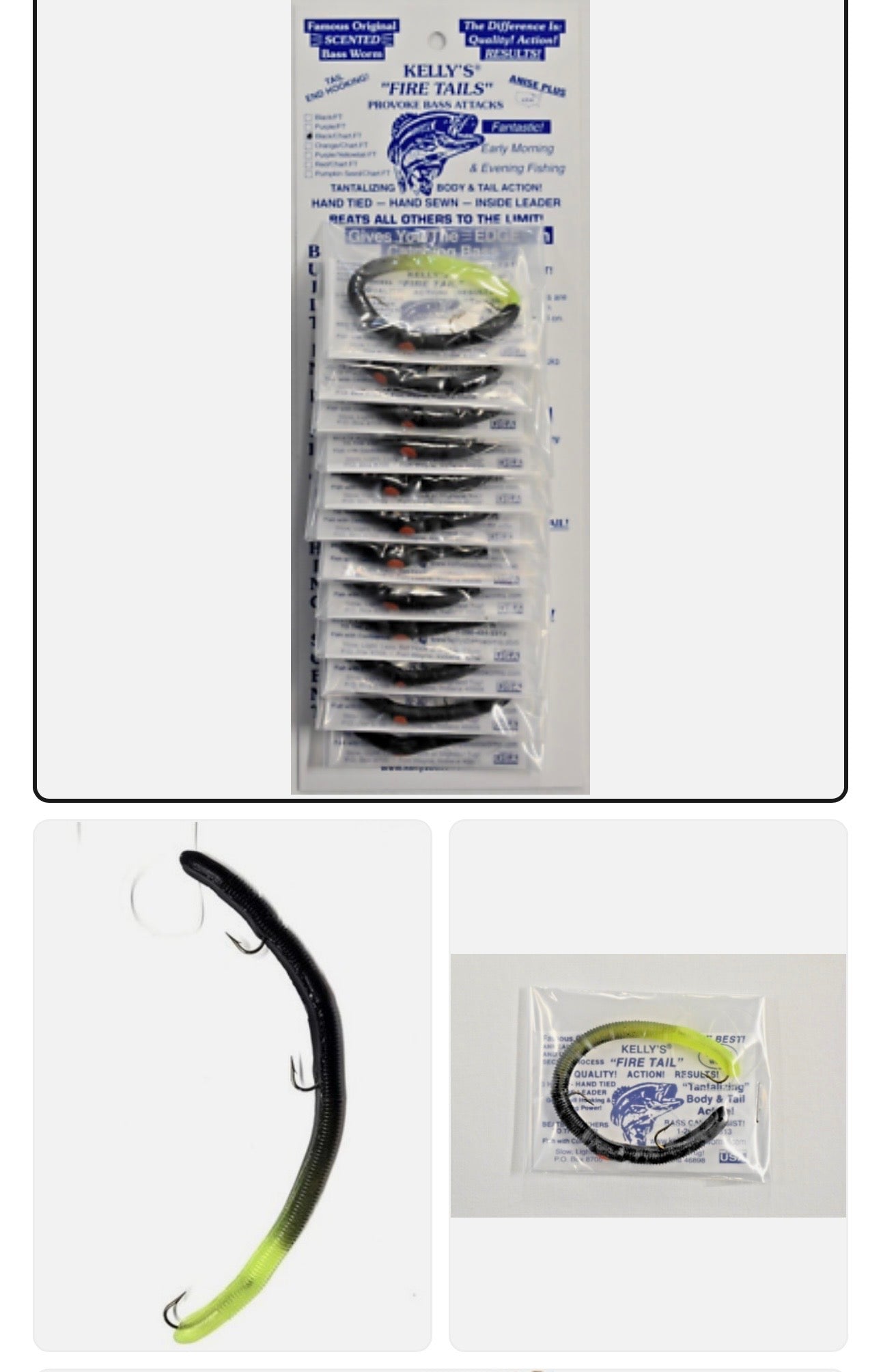 Kelly's® Bass Worms Fire Tail™ Black/Chartreus